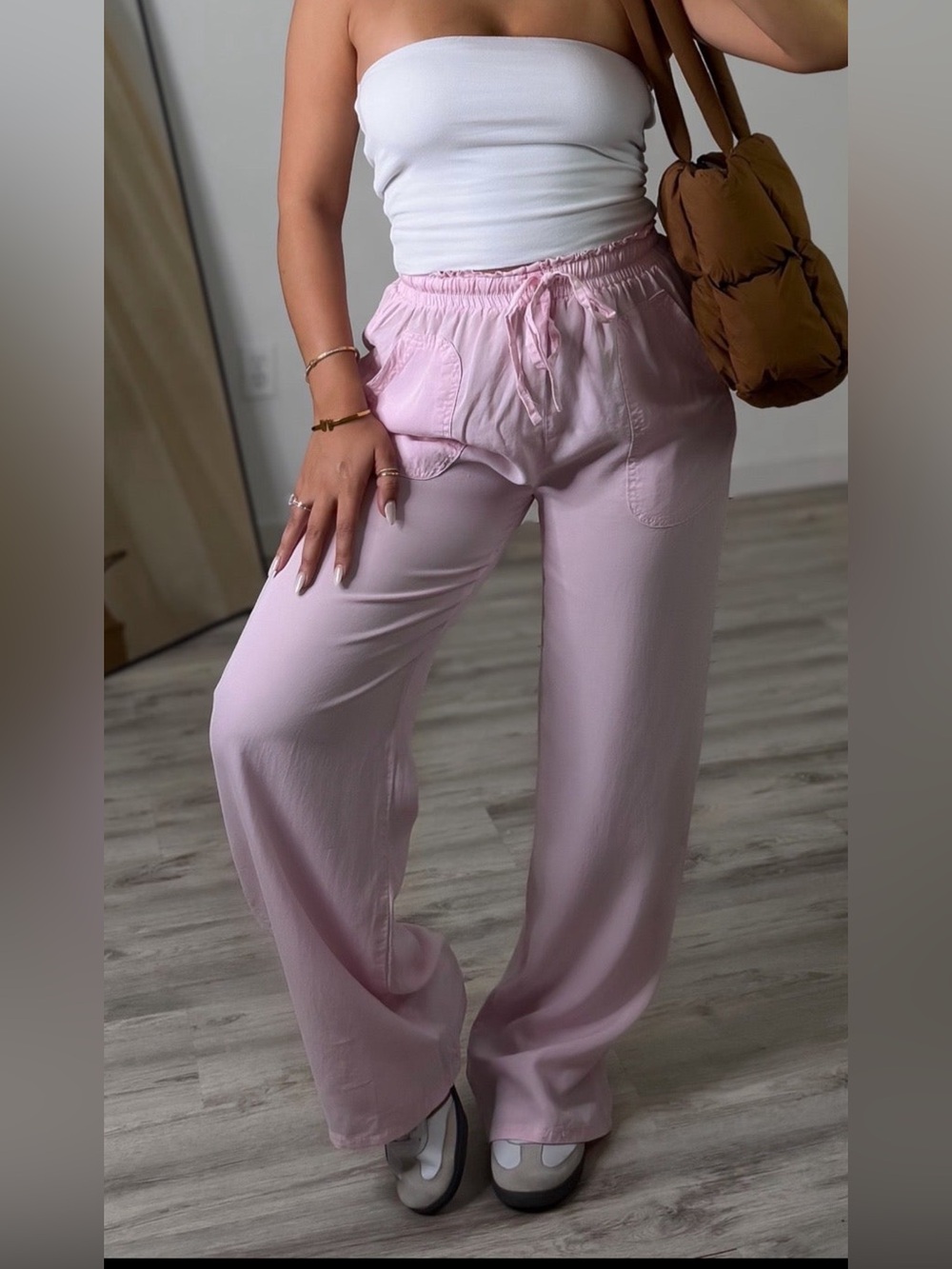 High-Rise Drawstring Wide-Leg Pants - Light Pink Large